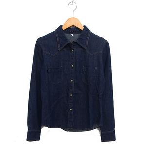 アールジーン Earl Jean デニム ステンカラー シャツ ブラウス コットン 綿 ラウンドヘム 長袖 M 紺 ネイビー /NT15 レディース