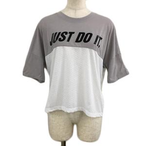 ナイキ NIKE RUNNING Tシャツ カットソー プルオーバー スポーツウェア クルーネック メッシュ ロゴ プリント 切替 半袖 L グレー 白 ホワイト レディース