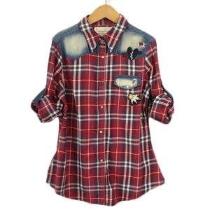 ザラ ZARA シャツ チェック ワッペン ダメージ加工 M 赤 レッド