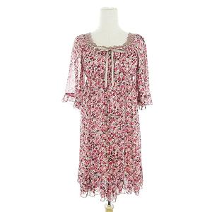 ローズバッド Rose Bud ワンピース ミニ 七分袖 花柄 フリル スクエアネック リボン 刺繍 M ピンク m5 レディース 193 ベクトルパーク