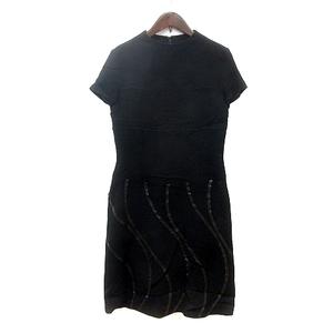 ミラショーン mila schon BLUE LABEL ワンピース ひざ丈 総柄 半袖 ウール 40 L 黒 ブラック /MN レディース