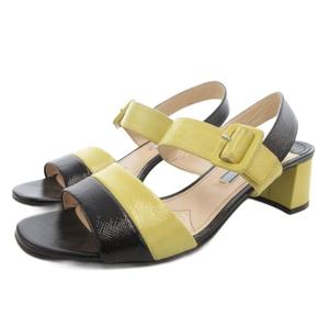 プラダ PRADA サンダル 37 黒 ブラック 黄 イエロー ブロックヒール ストラップ /FF ■GY62 レディース