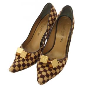 ルイヴィトン LOUIS VUITTON ダミエ ソバージュ ハラコパンプス ポインテッドトゥ 38 ベージュ 茶 ブラウン /TK ■GY62 レディース