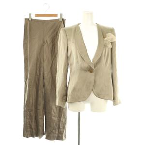 ジョルジオアルマーニ GIORGIO ARMANI セットアップ シルクリネン コサージュ付きジャケット ドット柄パンツ 38 ベージュ モカ カーキ /DO ■GY53 レディース