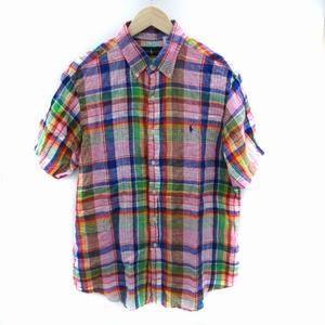 ラルフローレン RALPH LAUREN カジュアルシャツ 半袖 チェック柄 ロゴ刺繍 リネン L マルチカラー ピンク 青 ブルー /SM9 ■GY53 メンズ