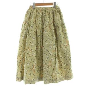 未使用品 ケティ KETTY ロングスカート フレアスカート ティアードスカート M ライトグリーン 黄緑 花柄 小花柄 鹿柄 アニマル柄 総柄 ボタンフロント 前開き /KW ■GY58 レディース