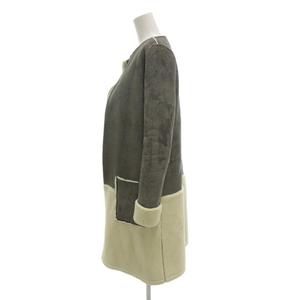 ラブレス LOVELESS ノーカラーコート ロング ボタンレス バイカラー ボア切替 34 グレー 白 ホワイト /GV ■GY59 レディース