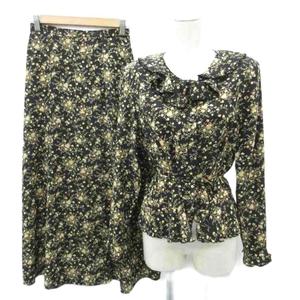 ケティ KETTY セットアップ 上下 ブラウス シャツ 長袖 フレアスカート ロング丈 マキシ丈 M 黒 小花柄 フリル /SY70 ■GY58 レディース