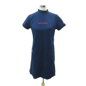 フィラ FILA ゴルフウェア ワンピース ひざ丈 L 紺 ネイビー 半袖 ハイネック ロゴ刺繍 /SM42 ■ECB001 レディース
