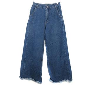 ワンウェイ one way ワイド デニムパンツ ジーンズ ジーパン クロップド丈 フリンジ ウォッシュ加工 コットン 無地 F 青 ブルー ボトムス /PI レディース