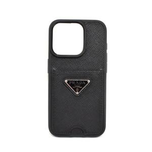 プラダ PRADA iPhone15PRO ケース サフィアーノ 三角ロゴ トライアングル プレート 黒 ブラック ☆AA★ メンズ レディース