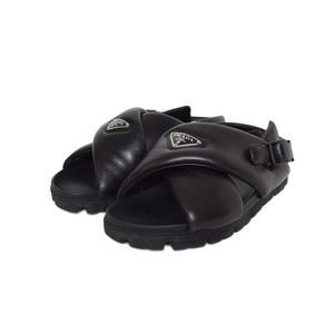 プラダ PRADA モノリス トライアングルロゴ パテッドナッパレザー クリスクロス シューズ サンダル 7 黒 ブラック 2X3089 レディース