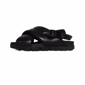 プラダ PRADA モノリス トライアングルロゴ パテッドナッパレザー クリスクロス シューズ サンダル 7 黒 ブラック 2X3089 レディース