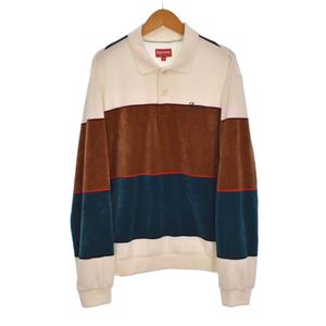 シュプリーム SUPREME 19FW Stripe Velour L/S Polo ストライプ ベロア ポロシャツ 長袖 M 白 ホワイト メンズ