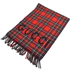 グッチ GUCCI マフラー ストール チェック ウールカシミヤ混 35×20 赤 レッド 597530 メンズ レディース