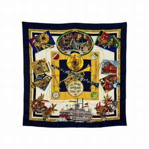 エルメス HERMES 美品 カレ90 THE ORIGINAL NEW ORLEANS CREOLE JAZZ シルク スカーフ ネイビー ☆AA★ レディース