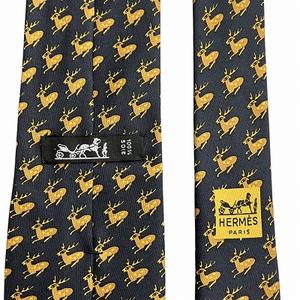 エルメス HERMES 総柄 ネクタイ シルク 鹿 黒 茶 ブラック ブラウン 800MA ☆AA★ メンズ