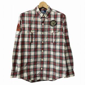 ポロ ラルフローレン POLO RALPH LAUREN チェック シャツ ワッペン 長袖 ベージュ 赤 緑 レッド グリーン L メンズ
