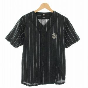 ステューシー STUSSY ストライプポプリンベースボールシャツ Stripe Poplin Baseball shirt ゲームシャツ 半袖 ロゴ刺繍 S 黒 ブラック 白 ホワイト /YT メンズ
