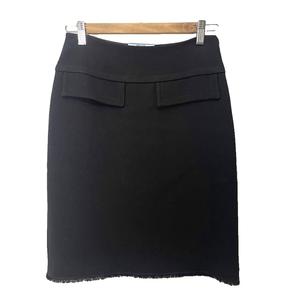 プラダ PRADA フロントフラップ タイトスカート フリンジ ウール ひざ丈 38 黒 ブラック レディース