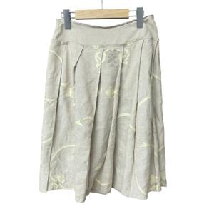 プラダ PRADA 総柄 リネン タック プリーツ フレアスカート 38 ベージュ ☆AA★ レディース
