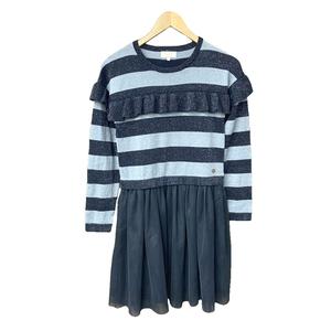 ケイトスペード KATE SPADE ボーダー ニット ワンピース 切替 チュール フリル ラメ 長袖 ひざ丈 女の子 150 ネイビー ブルー ■GY14 キッズ