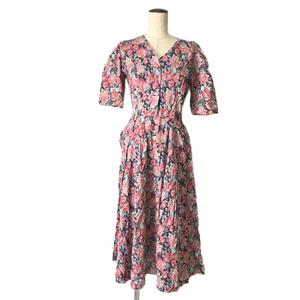ローラアシュレイ LAURA ASHLEY レトロワンピース 花柄 半袖 ひざ丈 ピンク レディース