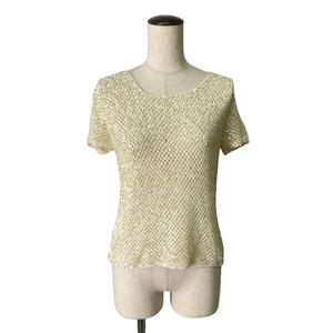 ダナキャラン DONNA KARAN ニット カットソー スパンコール 半袖 L 白 アイボリー レディース