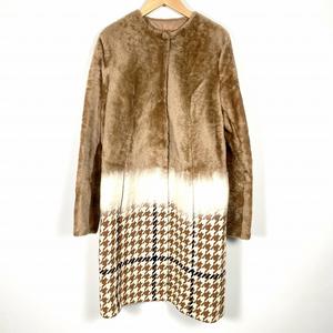 ドローム DROMe ムートンコート ロングコート ノーカラー 千鳥柄 切替 