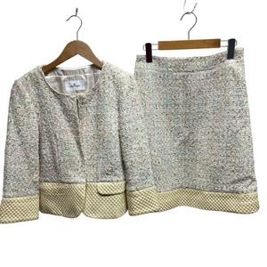 クレージュ courreges ツイードスーツ セットアップ ノーカラージャケット スカート レザー切り替え 38 ピンク ベージュ系 レディース