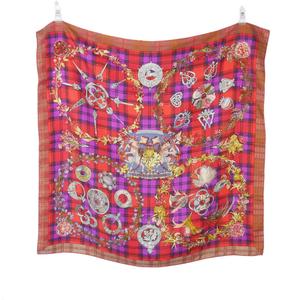 エルメス HERMES カレ90 FLEURS D'ECOSSE スコットランドの花 シルク スカーフ チェック 赤 レッド レディース