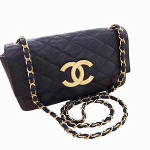 シャネル CHANEL 0番台 ヴィンテージ デカココ マトラッセ チェーン ショルダーバッグ フラップ ラムスキン シリアルシール有り ブラック レディース