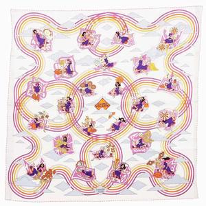 エルメス HERMES 美品 カレ70 スカーフ ストール CARRES VOLANTS 空飛ぶカレ シルク 総柄 白 ホワイト マルチカラー /VU□ 0406 レディース