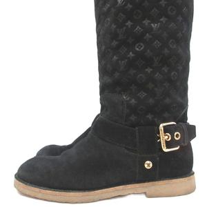 ルイヴィトン LOUIS VUITTON モノグラム ムートンブーツ ロング ロゴ金具 ゴールド金具 総柄 23.5cm 黒 ブラック ■IBO100 レディース