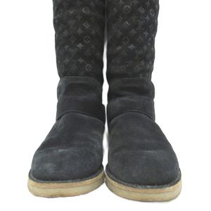 ルイヴィトン LOUIS VUITTON モノグラム ムートンブーツ ロング ロゴ金具 ゴールド金具 総柄 23.5cm 黒 ブラック ■IBO100 レディース