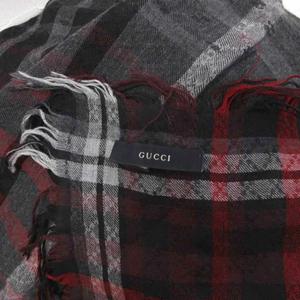 グッチ GUCCI 大判 マフラー ストール スカーフ チェック 総柄 絹 シルク混 黒 ブラック グレー 赤 レッド ■IBO100 メンズ レディース