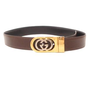 グッチ GUCCI レザーベルト GGマーク バックル 金色 ゴールドカラー 茶 ブラウン /JS ■IBO100 レディース
