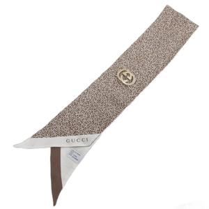 グッチ GUCCI GGロゴ シルクスカーフ リボンタイ ゴールド金具 ロゴ金具 茶 ブラウン アイボリー ■IBO103 レディース