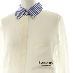 バーバリー BURBERRY シルク ポケットロゴ シャツ ボタンダウン 長袖 US2 ナチュラルホワイト 青 ブルー 8071331 /MI ■OS レディース