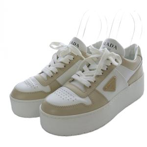プラダ PRADA ダウンタウン ボールド レザー スニーカー ローカット プラットフォーム 三角ロゴプレート 37 ホワイト ベージュ 1E792M /YO12 レディース