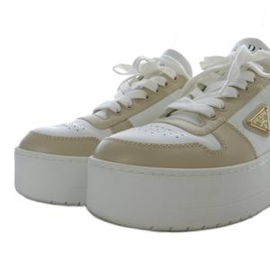 プラダ PRADA ダウンタウン ボールド レザー スニーカー ローカット プラットフォーム 三角ロゴプレート 37 ホワイト ベージュ 1E792M /YO12 レディース