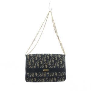 クリスチャンディオール Christian Dior ヴィンテージ トロッター チェーンショルダー バッグ ゴールド金具 キャンバス レザー ベージュ 紺 ネイビー ■GY18 /MQ ■OH レディース