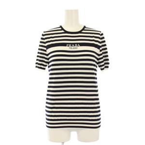 プラダ PRADA 23SS ボーダーニット カットソー ロゴ 半袖 36 黒 白 P24V1D S231 12X9 /KH レディース