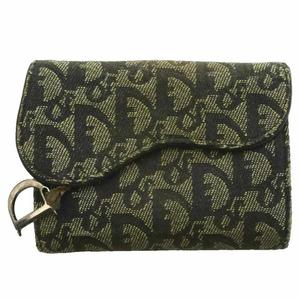 クリスチャンディオール Christian Dior Dロゴチャーム サドルコンパクトウォレット 2つ折り財布 トロッター柄 キャンバス レザー ダークグリーン ベージュ /SS ■OS ■OH ■GY18 レディース
