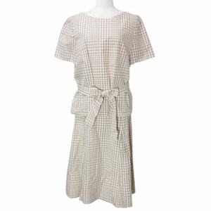 アリスバーリー Aylesbury 美品 セットアップ チェック シルク混 ブラウス プルオーバー 半袖 フレアスカート ひざ丈 リボンベルト付き 11 L相当 ベージュ ホワイト X レディース